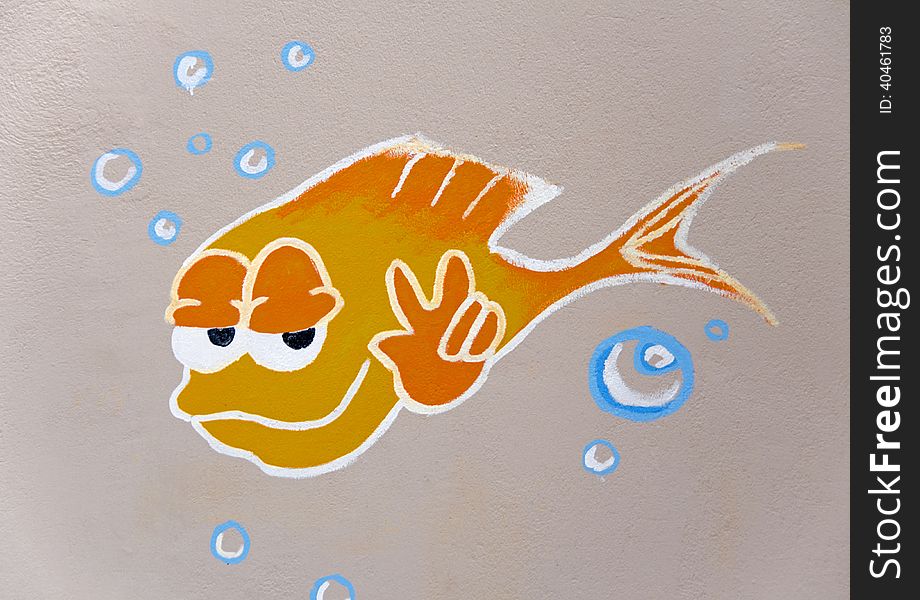 Fish with v sign and bubbles painted on a grey wall. Fish with v sign and bubbles painted on a grey wall