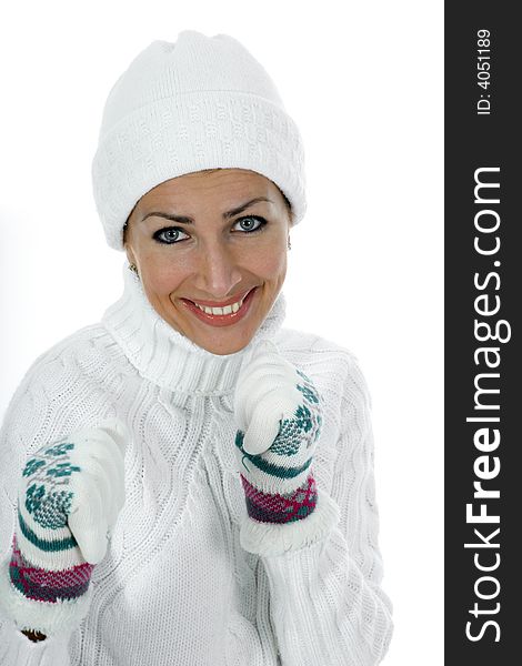 Beautiful woman in white sweater on insulated background