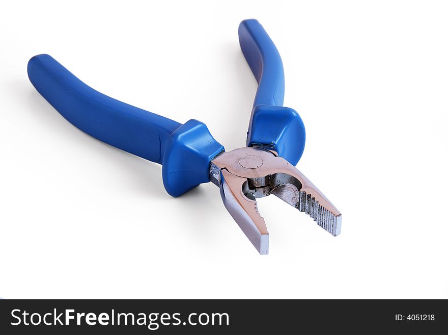 Blue pliers on white background