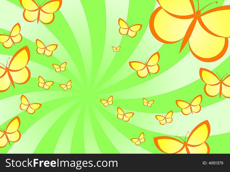 Vector illustration of butterflies over green background