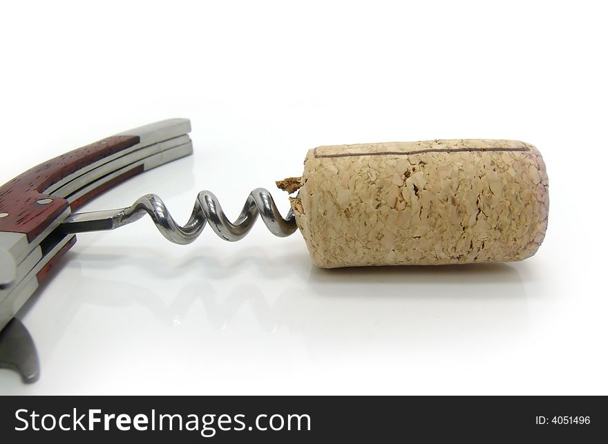 Corkscrew and fuse on a white background