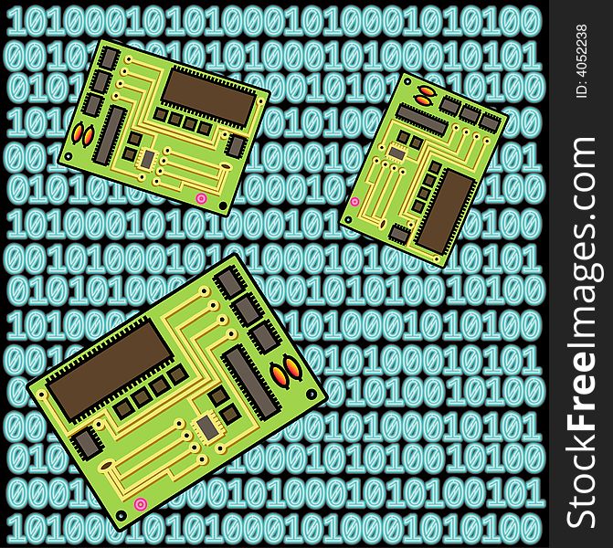 Computer mother board on binary code background