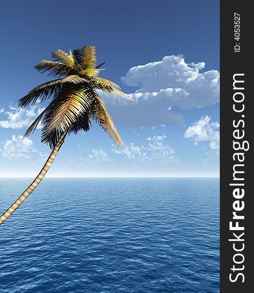 Coconut palm and blue sky with clouds - 3D scene.