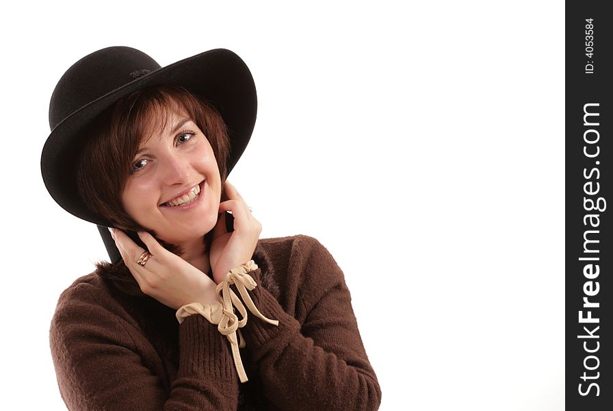 Portrait of the beautiful girl in a hat. Isolated.