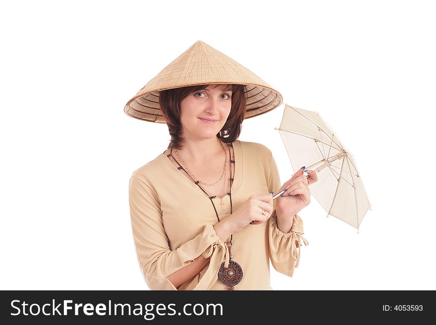 Portrait of the beautiful girl in a hat. Isolated.