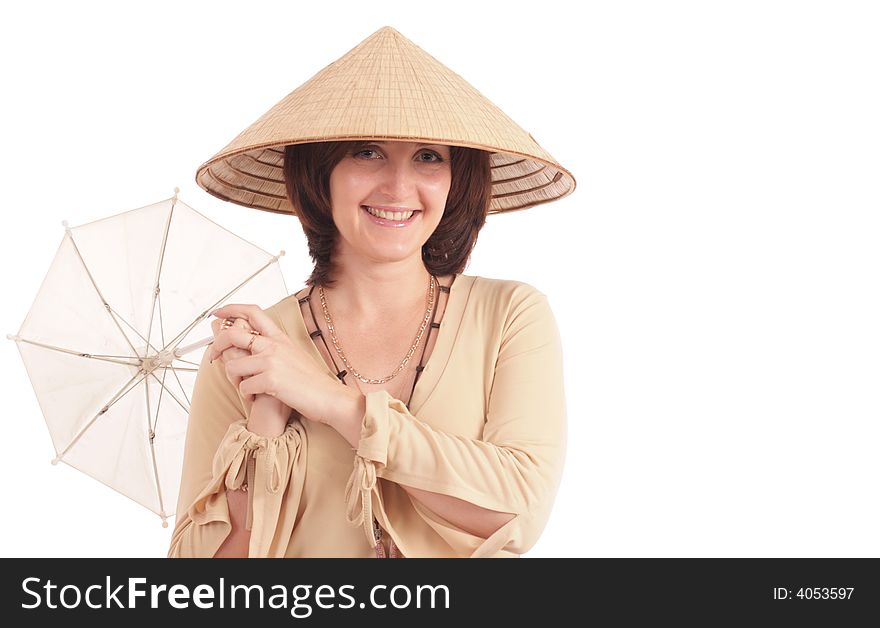 Portrait of the beautiful girl in a hat. Isolated.