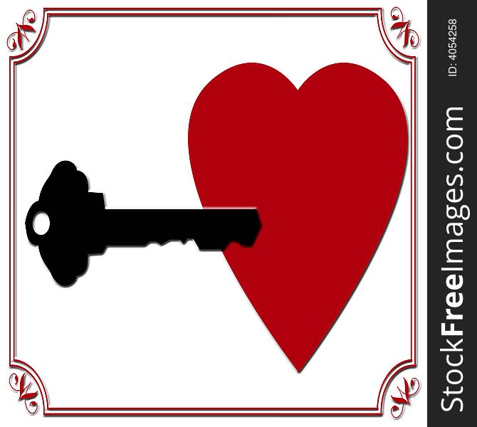 Red heart and black key on white with red border. Red heart and black key on white with red border.