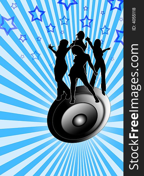 Illustration of girls dancing on a speaker on a radial stripes background