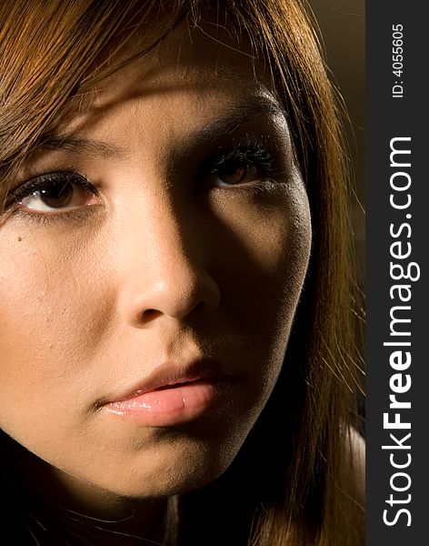 Head shot of female model using a typical makeup ad lighting setup. Head shot of female model using a typical makeup ad lighting setup.