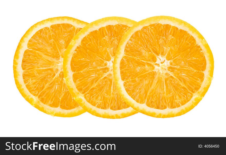 Three juicy and tasty orange slices isolated. Three juicy and tasty orange slices isolated