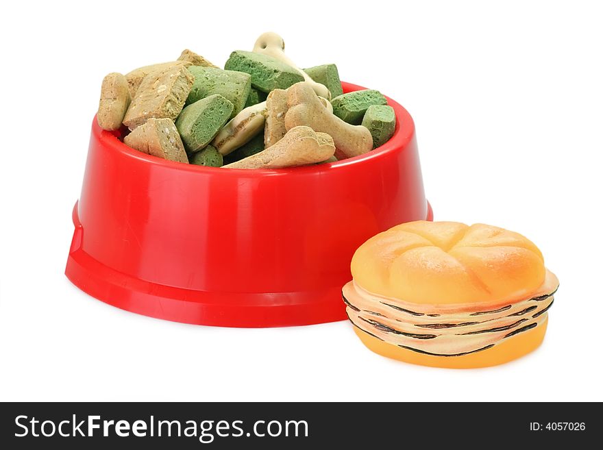 Bowl with dog food isolated on a white background. Bowl with dog food isolated on a white background