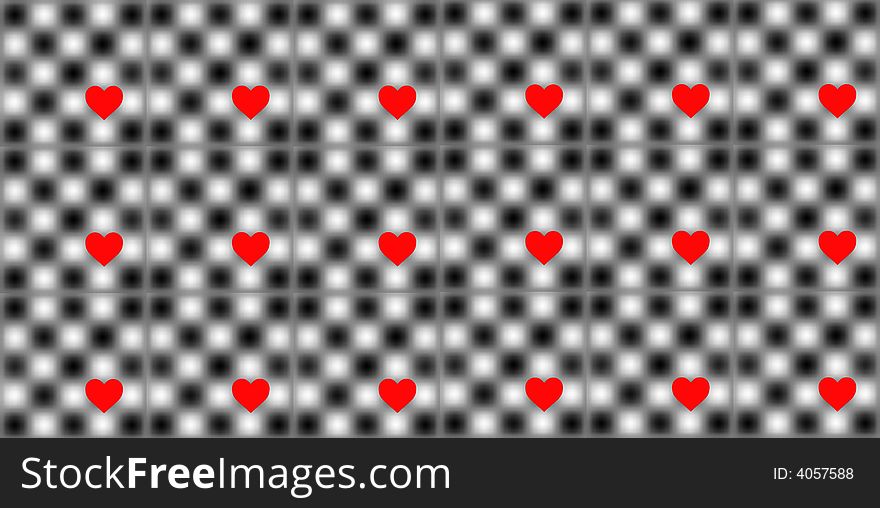 Checkerboard blur with red hearts