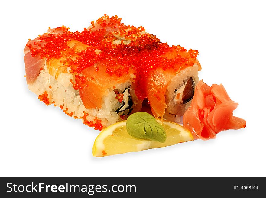 Akita Maki with a salmon and mussels isolated on a white background. Akita Maki with a salmon and mussels isolated on a white background.