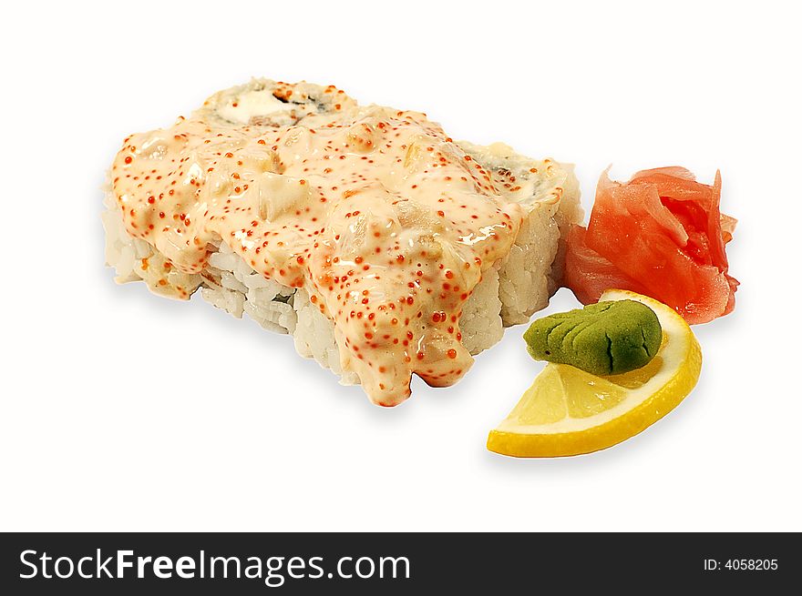 Roll lava makii with a salmon and  lemon isolated on a white background. Roll lava makii with a salmon and  lemon isolated on a white background.