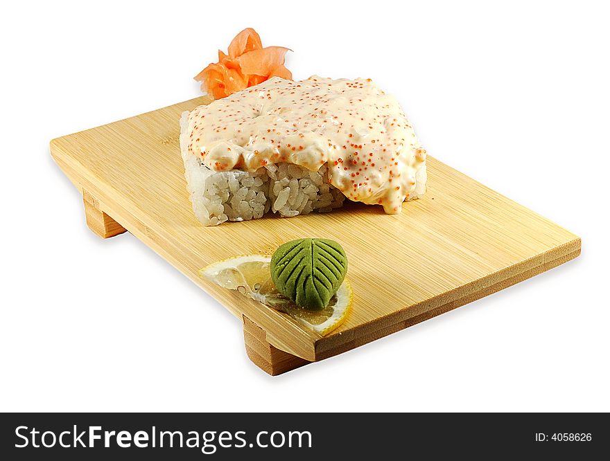 Roll lava maki on the japanese dish isolated on a white background. Roll lava maki on the japanese dish isolated on a white background.