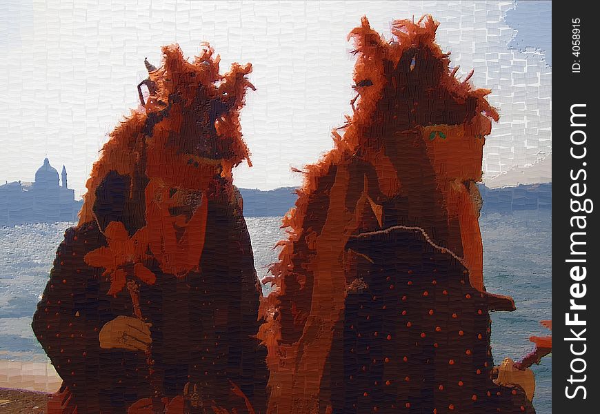 Carnival ladies in Venice, Italy, standing on the bank of Giudecca, view of Redentore Church, illustration