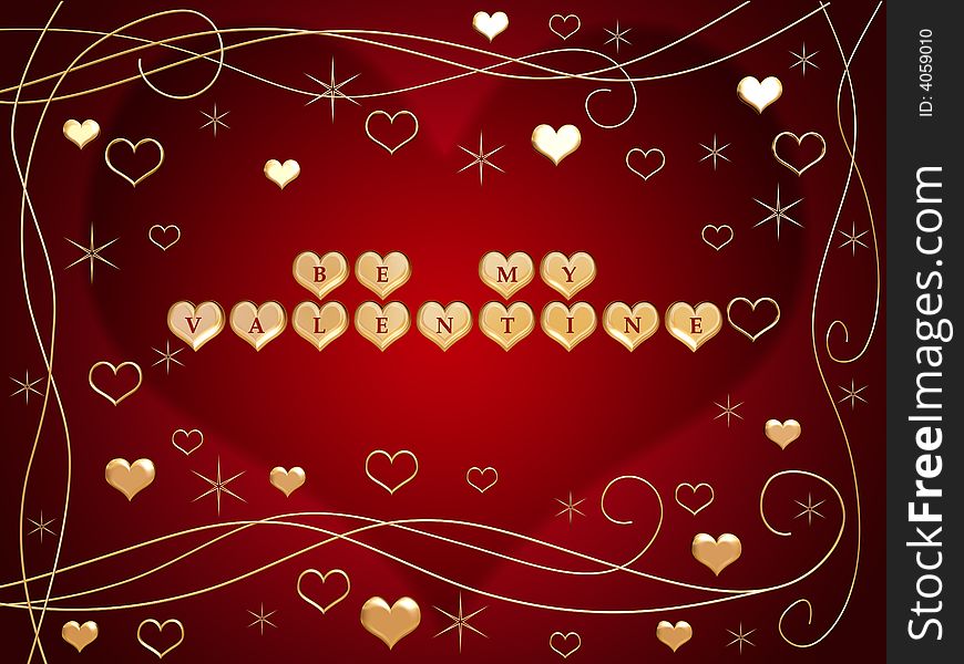 3d golden hearts, red letters, text - be my valentine, flowers, stars. 3d golden hearts, red letters, text - be my valentine, flowers, stars