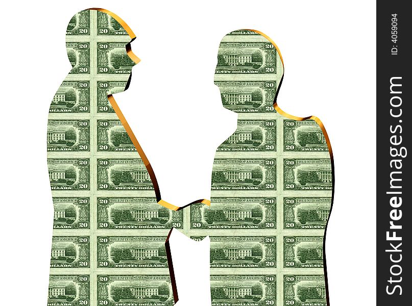 Couple doing a deal 3D silhouettes with bills