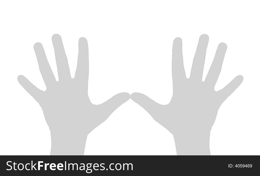 An abstract illustration. Hands of the person, gesture of pleasure, triumph, delight. The light grey image on a white background.