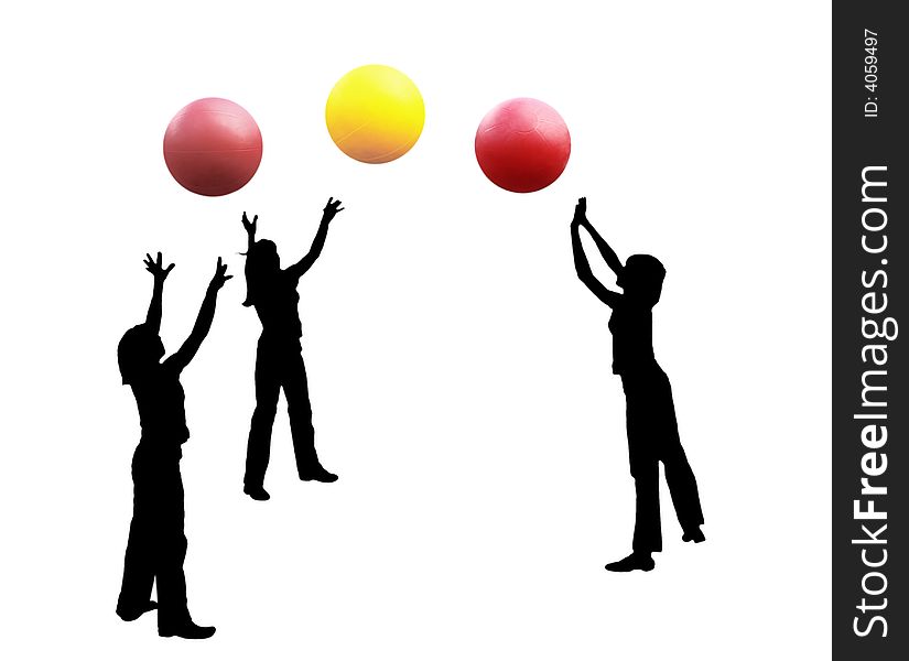 An abstract illustration. Silhouettes of girls playing the volleyball, three balls. Black figures, color balls, a white background. An abstract illustration. Silhouettes of girls playing the volleyball, three balls. Black figures, color balls, a white background.