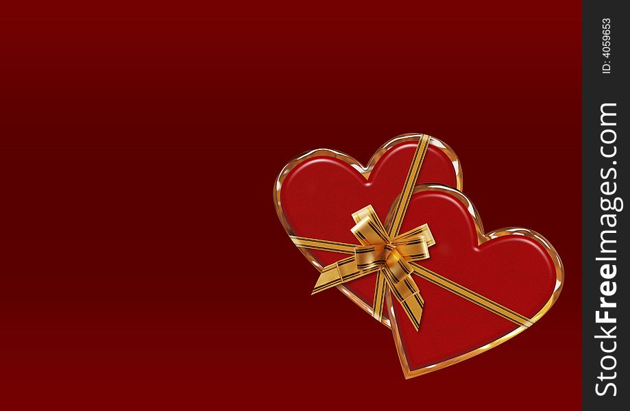 Card Valentine. A composition from two heart  on a red background with gold inserts. Card Valentine. A composition from two heart  on a red background with gold inserts