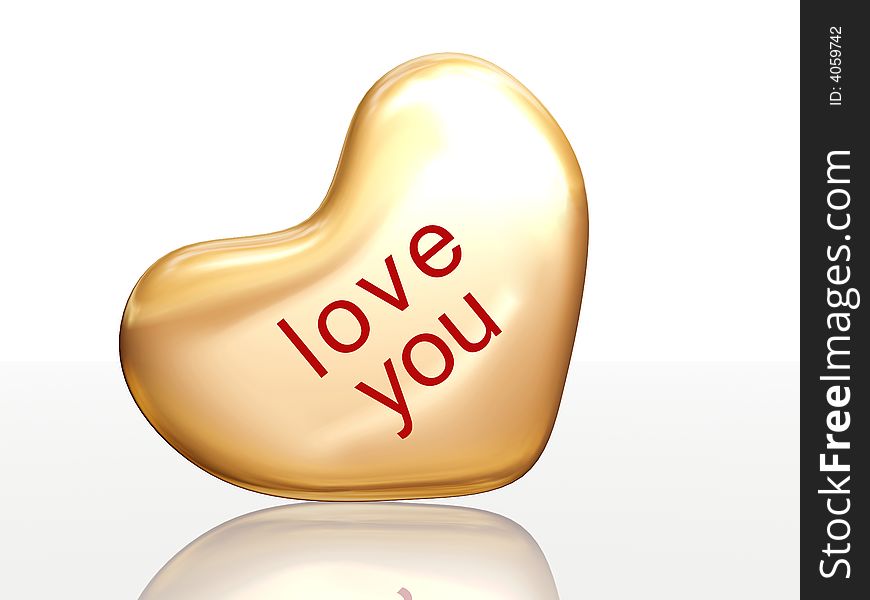 3d golden heart, red letters, text - love you, isolated