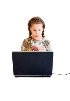 Blond Child With Notebook Drinking Stock Images