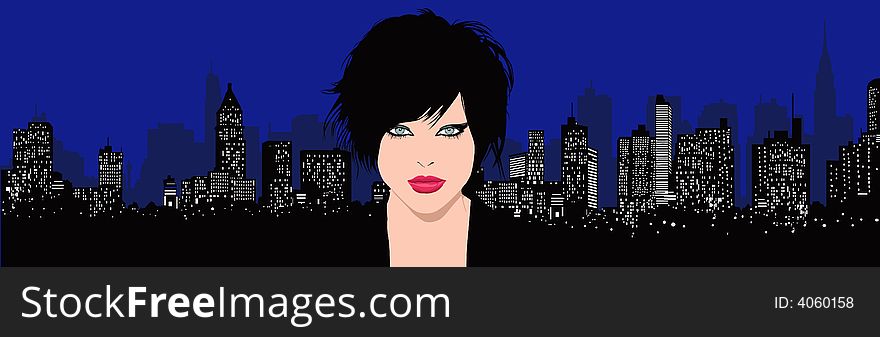 Young pretty woman on an urban background: vector