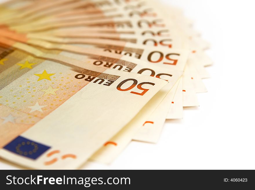 Fifty euro banknotes on white background