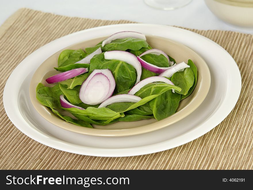 Fresh raw spinach leaves and red or purple onions on a plate with placemat. Low DOF. Fresh raw spinach leaves and red or purple onions on a plate with placemat. Low DOF.