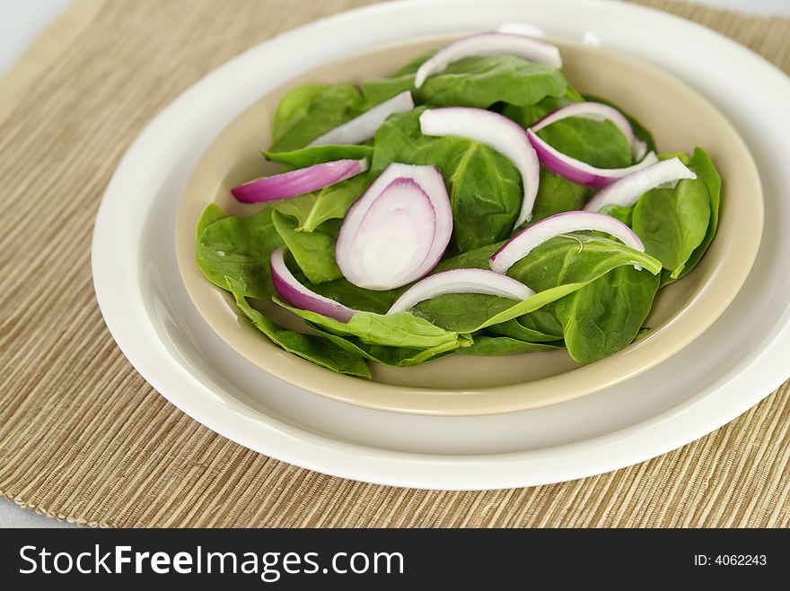 Fresh raw spinach leaves and red or purple onions on a plate with placemat. Low DOF. Fresh raw spinach leaves and red or purple onions on a plate with placemat. Low DOF.