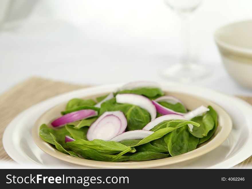 Fresh raw spinach leaves and red or purple onions on a plate with placemat. Low DOF. Fresh raw spinach leaves and red or purple onions on a plate with placemat. Low DOF.