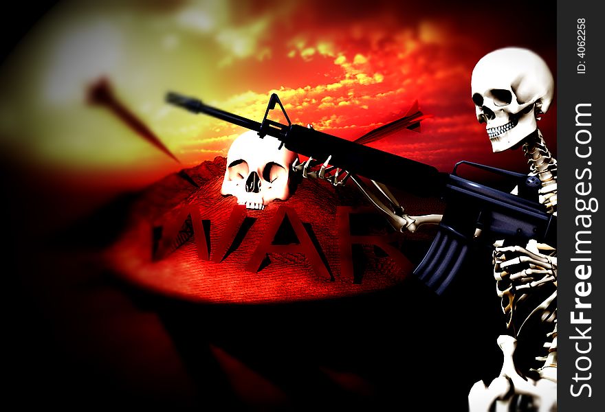 An conceptual image of a skeleton with a gun, it would be good to represent concepts of war. An conceptual image of a skeleton with a gun, it would be good to represent concepts of war.