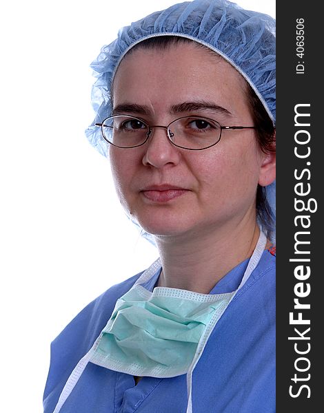 A nurse or surgeon wearing a surgical mask on white background.