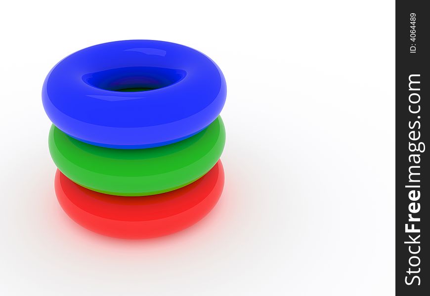 3d rendering of three red, green and blue torus on a white background. 3d rendering of three red, green and blue torus on a white background.