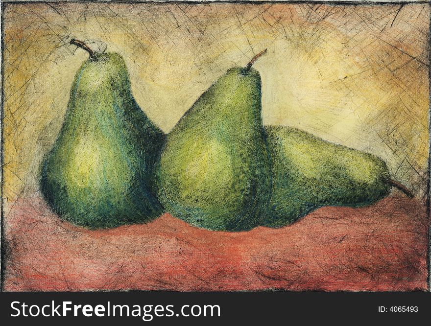 Hand printed pears from a copper plate. Hand colored. Hand printed pears from a copper plate. Hand colored.