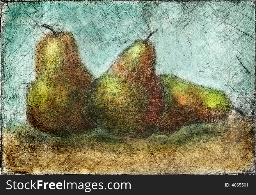 Hand printed pears from a copper plate. Hand colored. Hand printed pears from a copper plate. Hand colored.