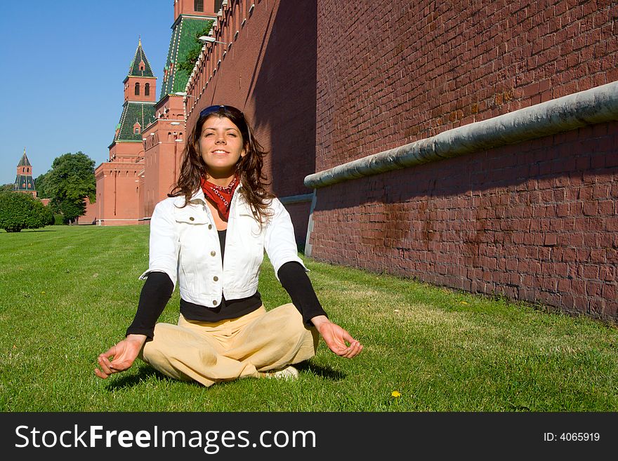 Girl Meditate Near Moscow Kremlin