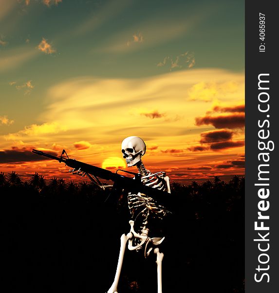 An conceptual image of a skeleton with a gun, it would be good to represent concepts of war. An conceptual image of a skeleton with a gun, it would be good to represent concepts of war.