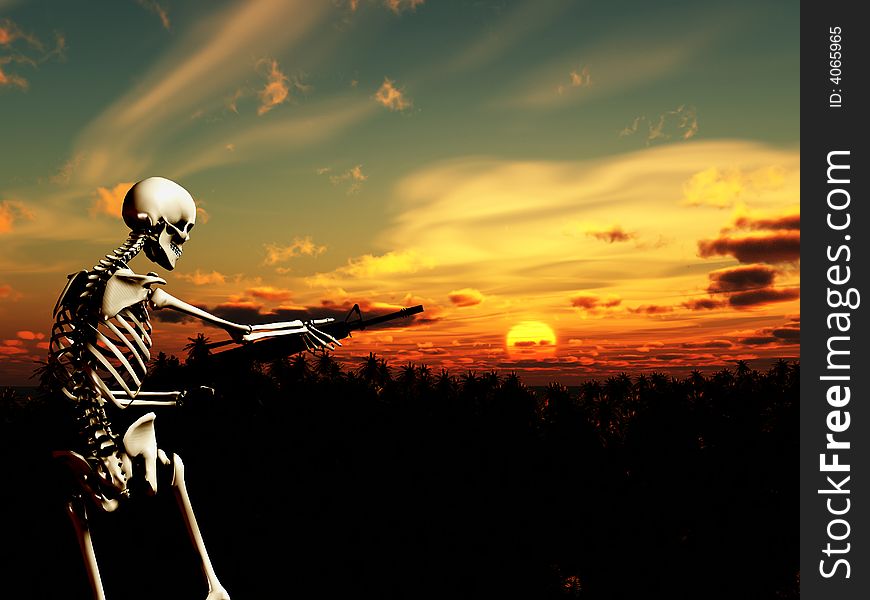 An conceptual image of a skeleton with a gun, it would be good to represent concepts of war. An conceptual image of a skeleton with a gun, it would be good to represent concepts of war.