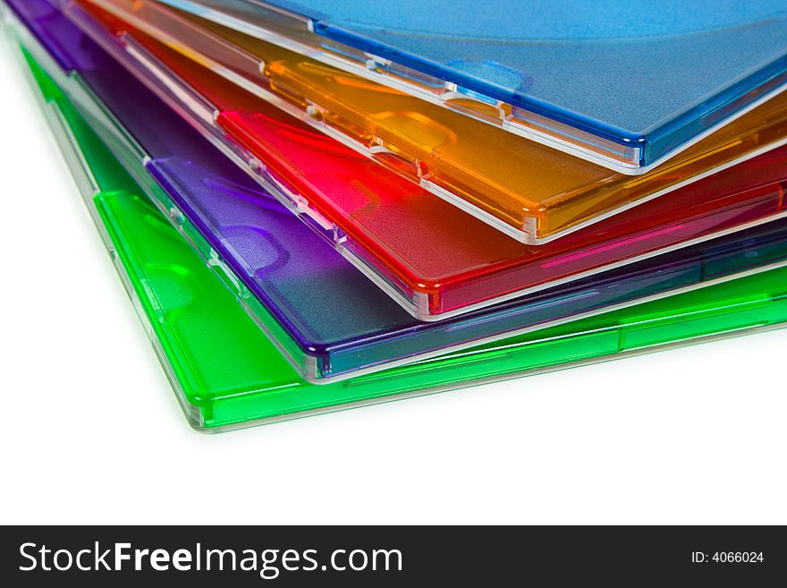 Computer disks in multiciolored boxes, isolated on white background