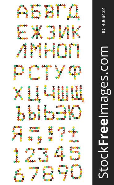 Cyrillic alphabet from colorful candies isolated on white background