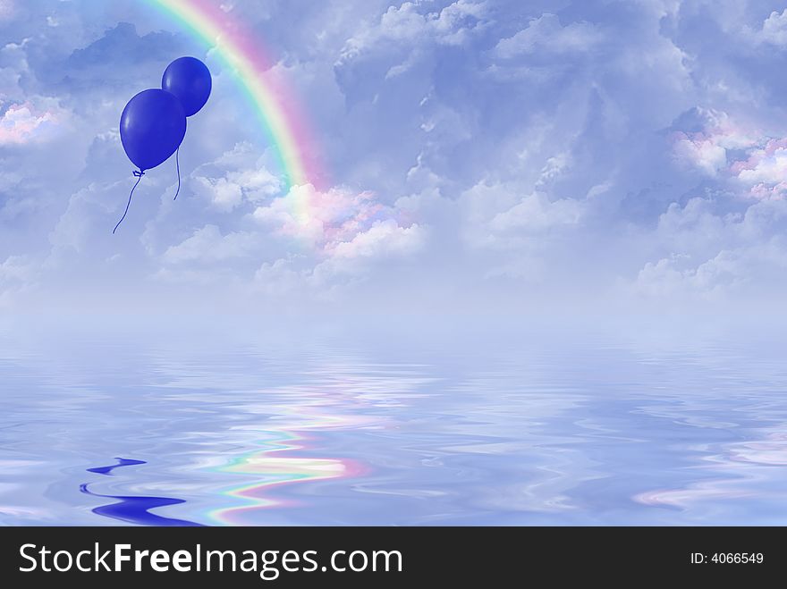 Pair of blue balloons escaping towards a rainbow. Pair of blue balloons escaping towards a rainbow.
