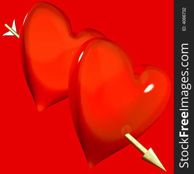 A 3d render of two hearts wounded together by Cupid's arrow. A 3d render of two hearts wounded together by Cupid's arrow