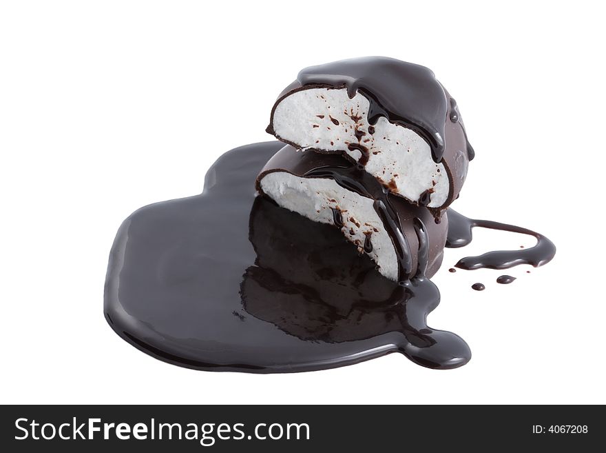 Marshmallows In Chocolate Syrup Isolated