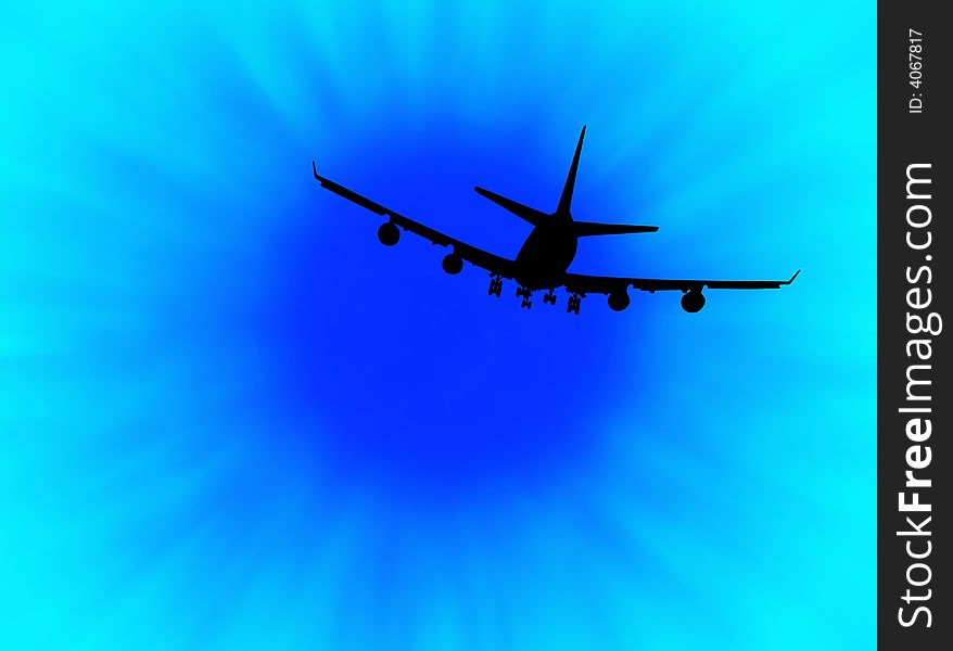 Black airplane silhouette flying in the sun. Black airplane silhouette flying in the sun