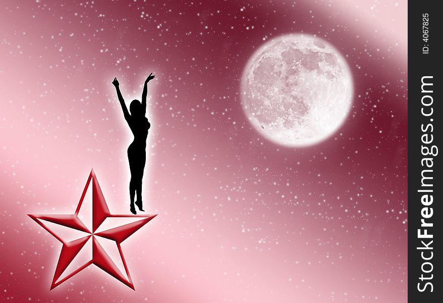 Woman silhouette on the star in front of the moon. Woman silhouette on the star in front of the moon