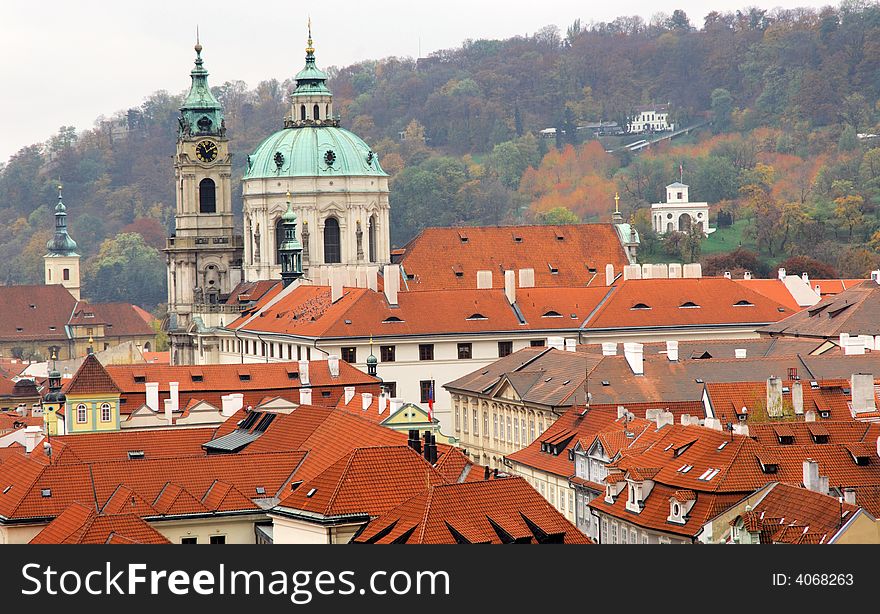 Czech Republic, Prague: City view with dome and landscape