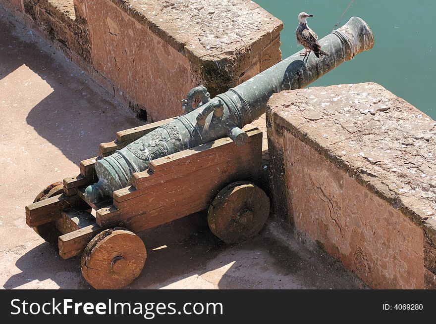 Morocco, Essaouira: seagull on a very old bronze cannon pointing to the ocean. Morocco, Essaouira: seagull on a very old bronze cannon pointing to the ocean