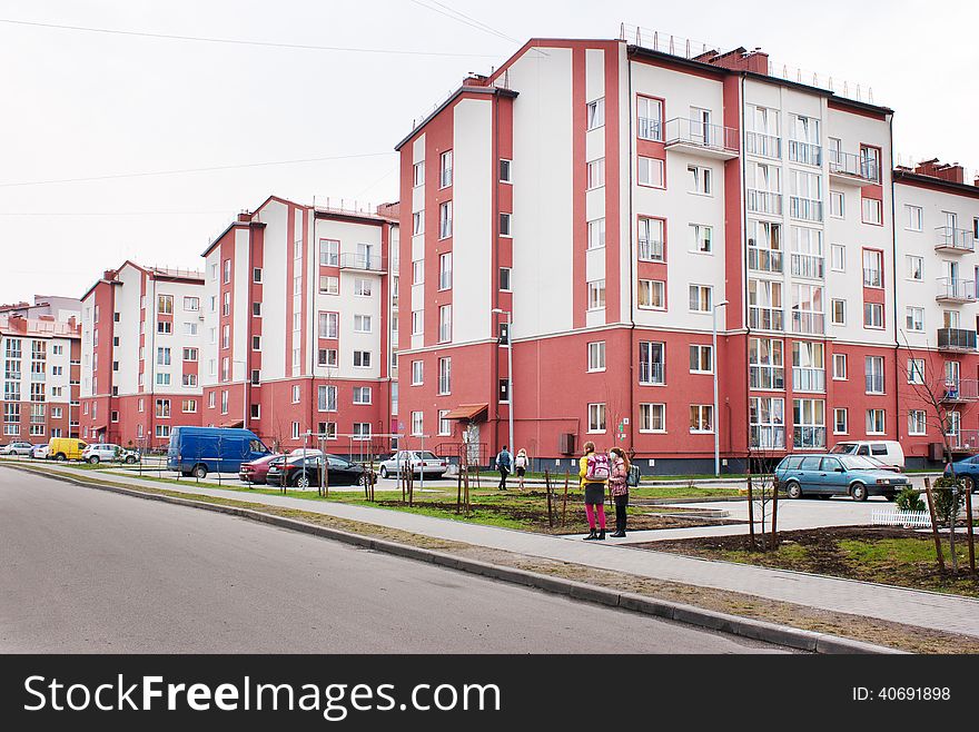 New pink apartment house on summer day. New pink apartment house on summer day